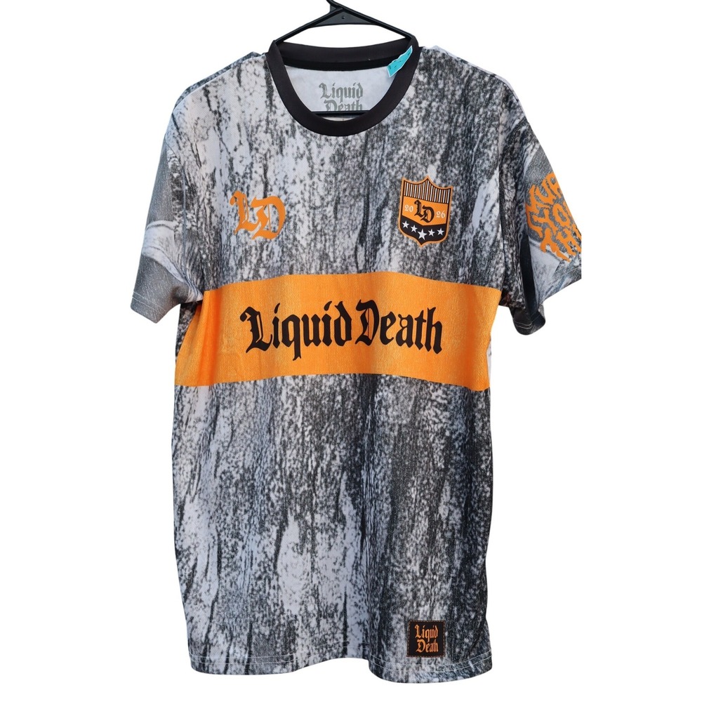 Liquid Death Mountain Water Jersey Grey Orange Static Print Soccer Shirt Size L